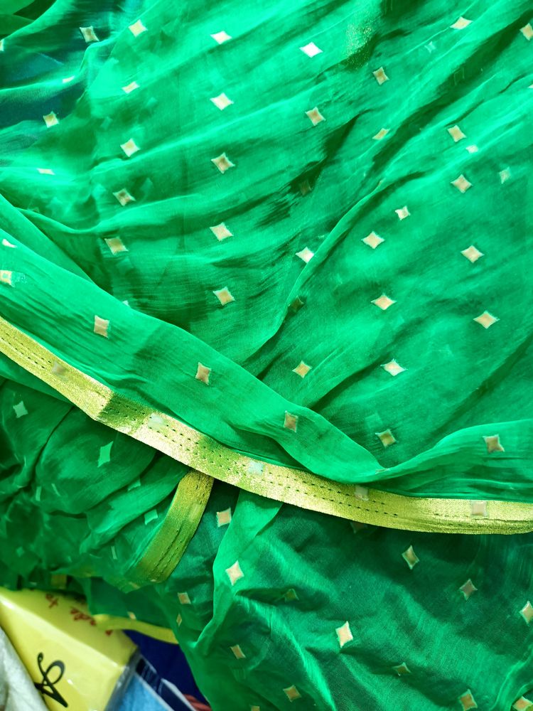 Green Colour Saree With Gold Dots...No Blouse