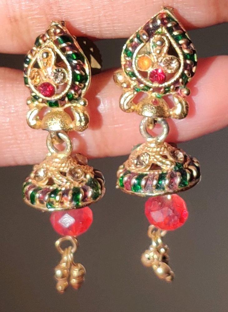 Indian Traditional Gold And Red Jhumka