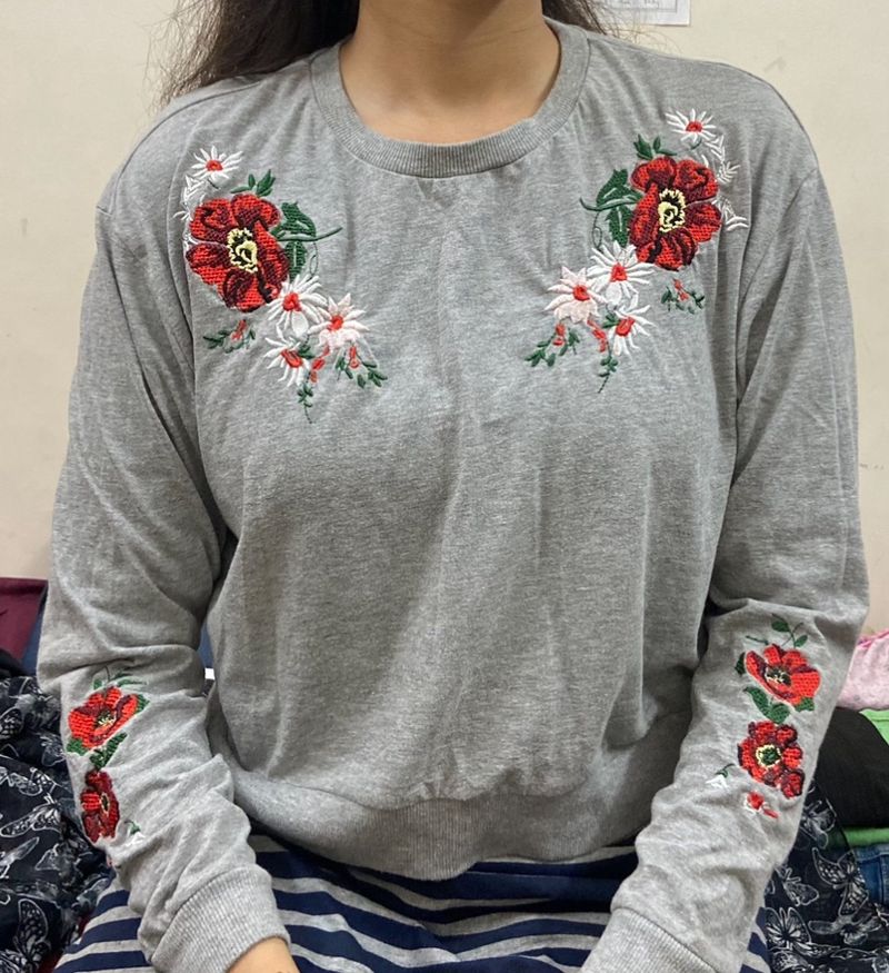 Grey Top With Flower Embroidery- M