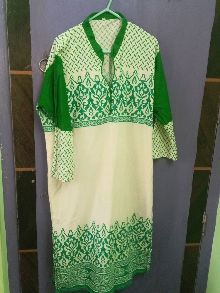 Pure Cotton White Green Kurta