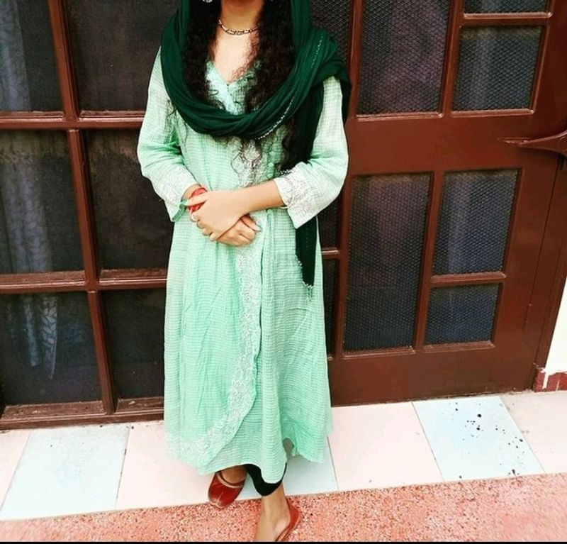 Green Kurta Checked Design,Green Trouser