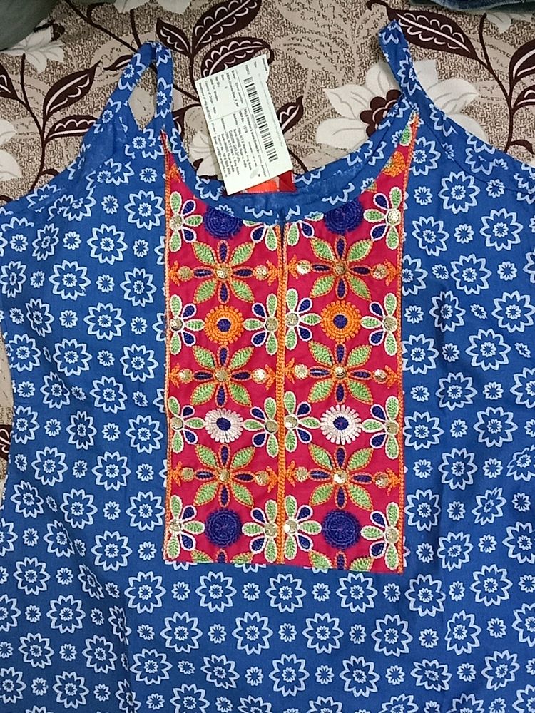 Blue Sleevless Straight Kurti