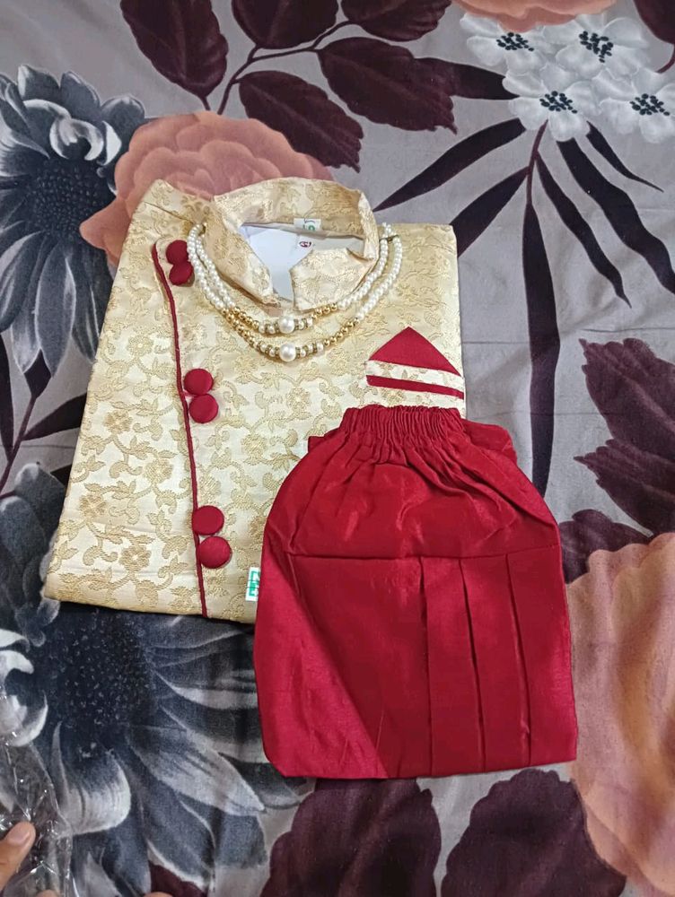 Kids Sherwani With Pearl Mala