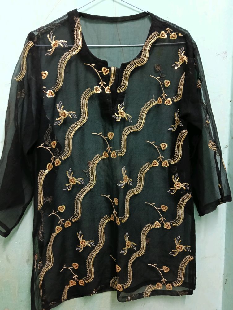 Black Embroidery Printed Kurta.