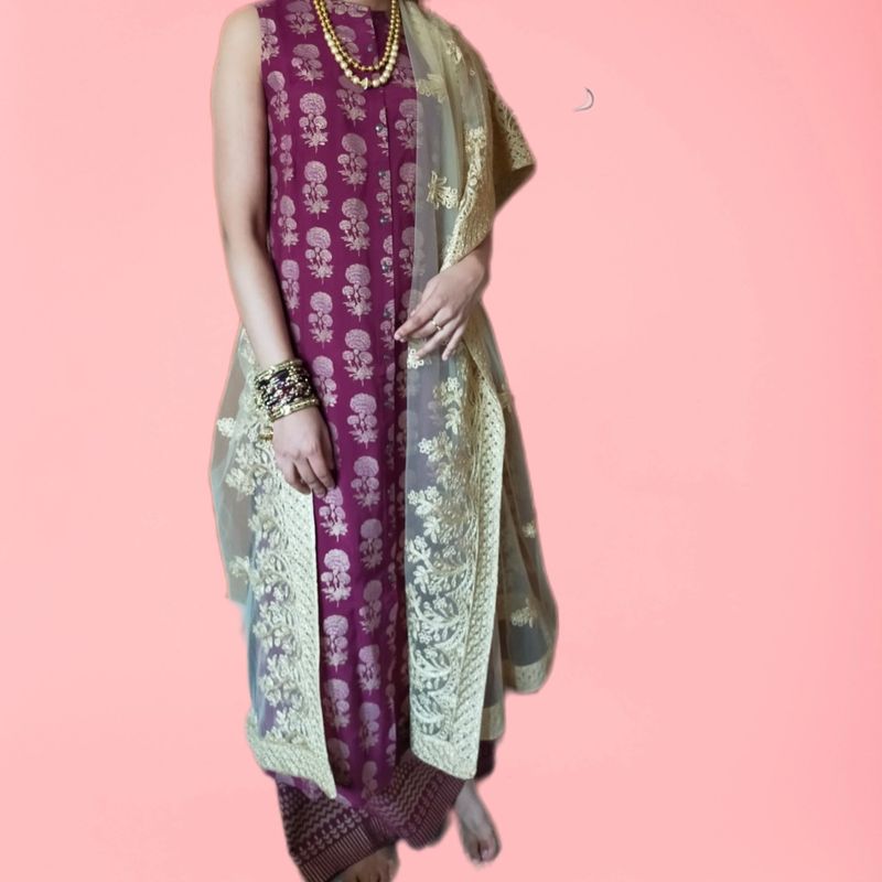 Purple Kurta Set(Top+Bottom+Potli Bag)