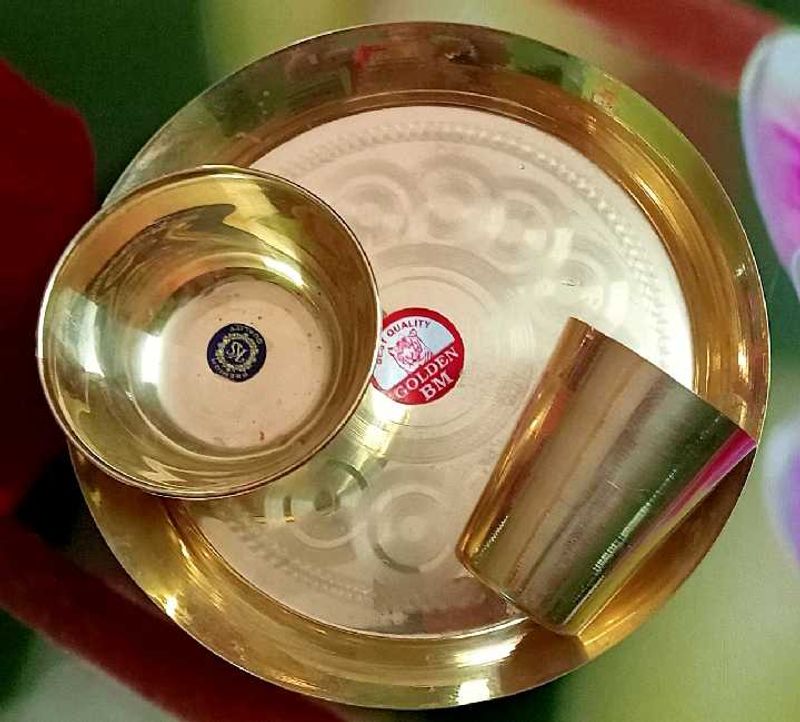 Brass Pooja Thali With Glass And Bowl