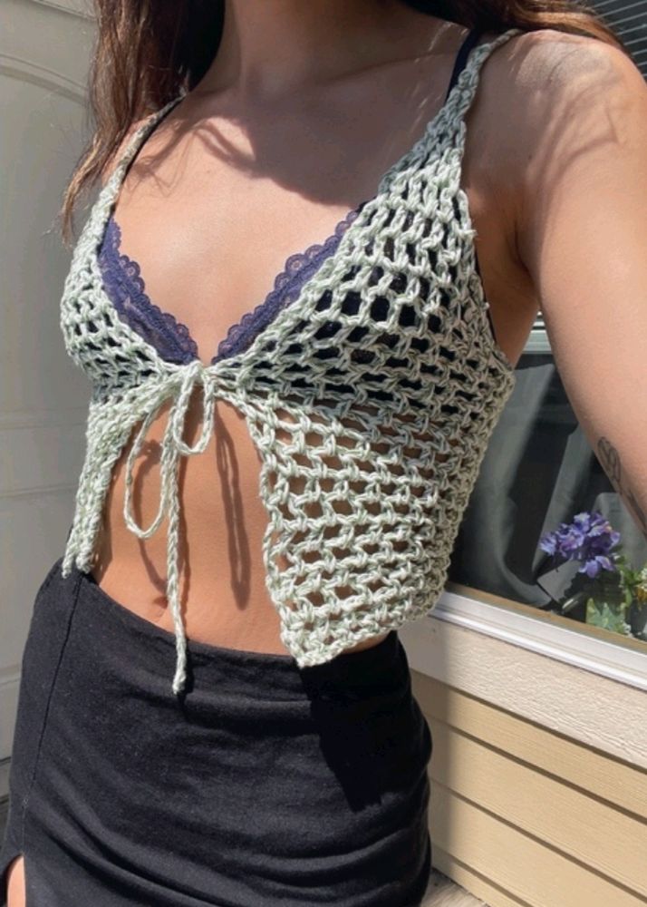 Handmade Crochet Mesh front tie Crop Top