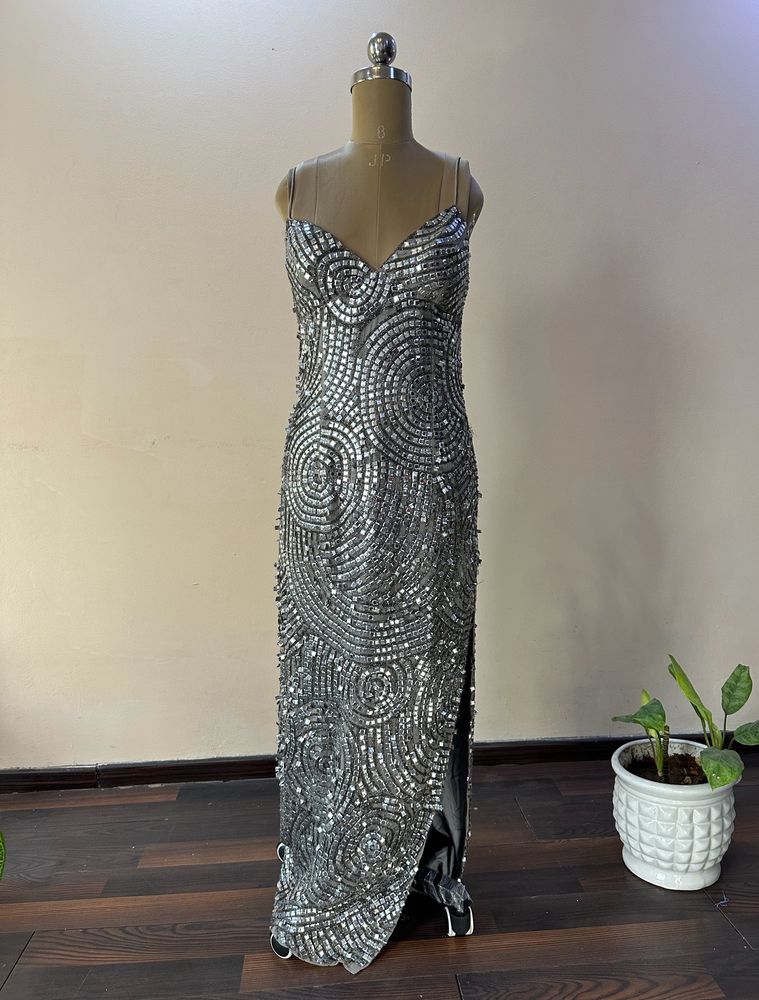 Silver Square Sequins Heavy Embellished Slit Dress