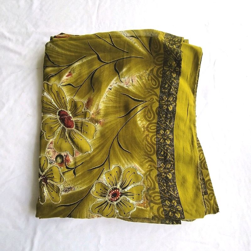 Lime Green Floral Printed Sarees (Women's)