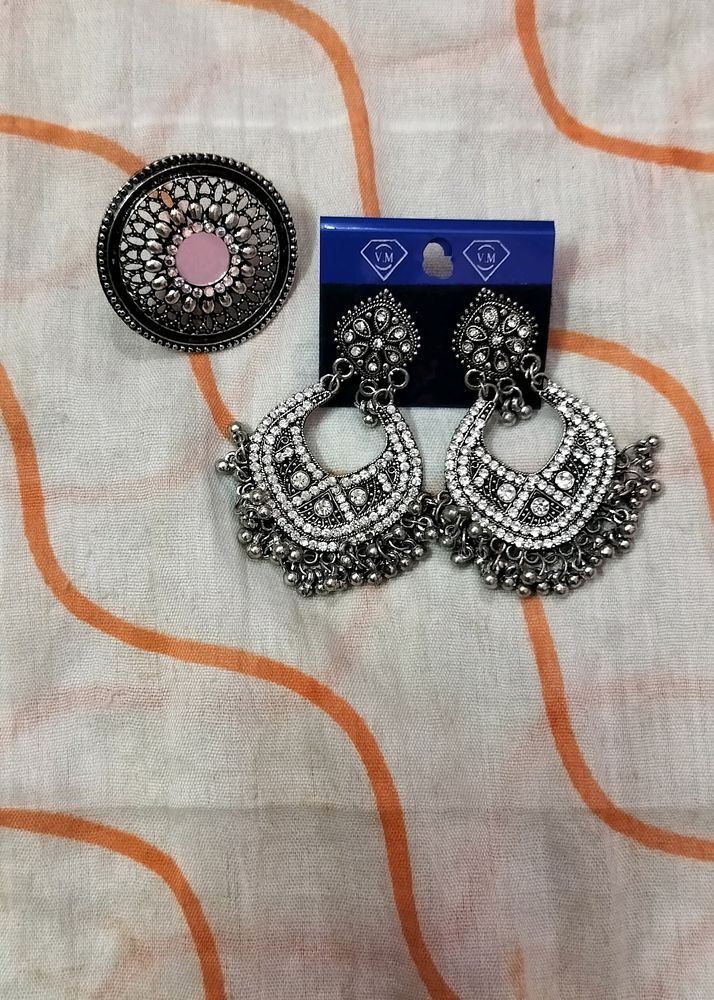 Fancy Earrings With Ring Set