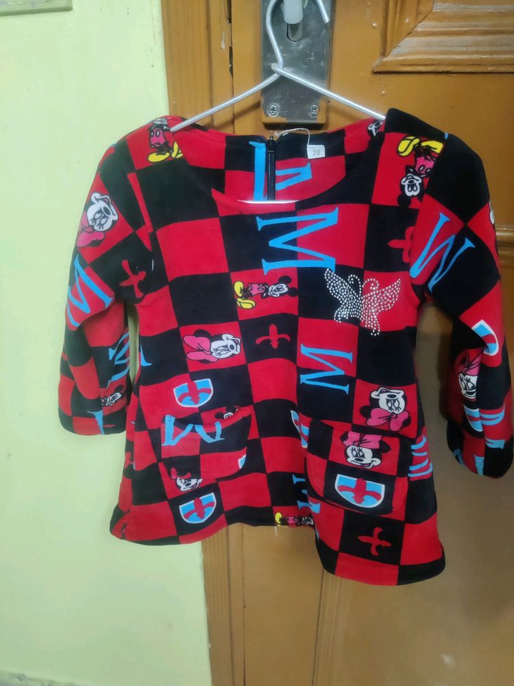 Branded Mickey Print Woolen Frock For 1.5 Ye To 3 Yr Old Girl