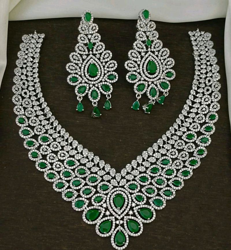 American Diamond Emrald Necklace Set