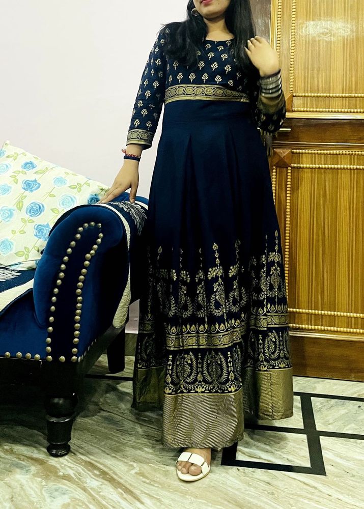 Blue & Golden Anarkali Long Kurti For Wedding