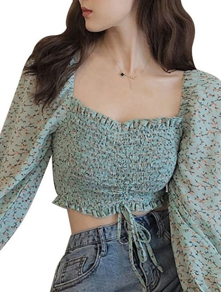 Square Neck RuffleDrawstring Cute Floral Print Top