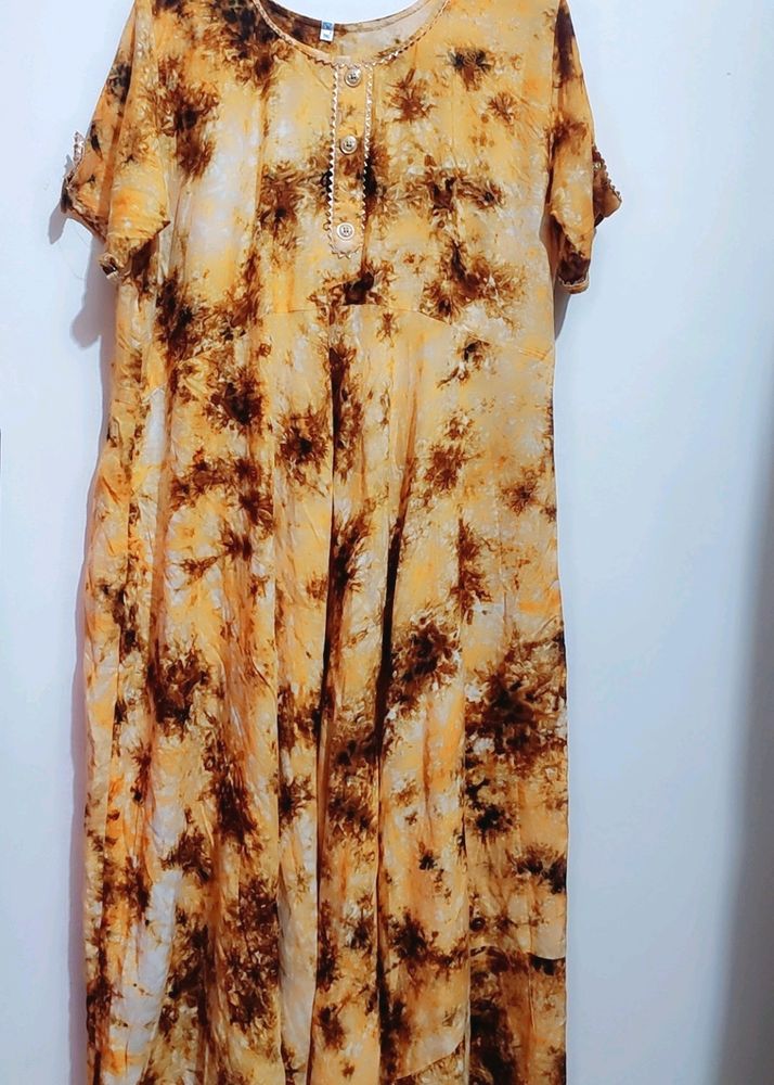 Yellow & Brown Printed Long Kurti For 46 Bust