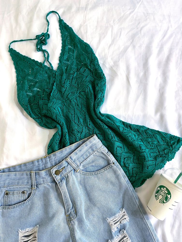 Pinterest Crochet Shinny Bottle Green Backless Top