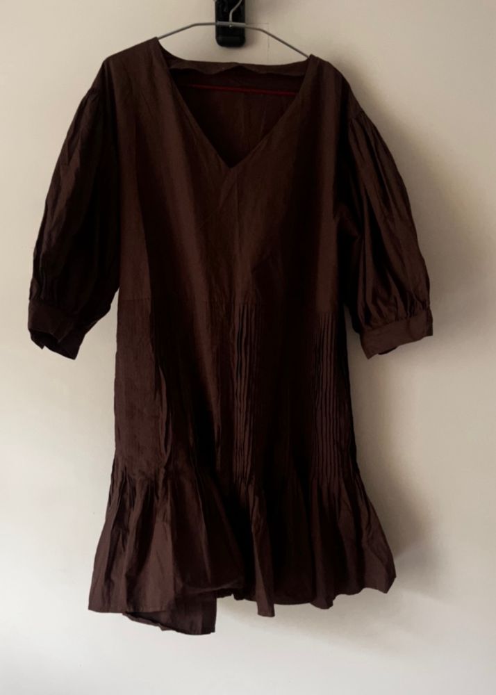 Brown Oversized Dress With Pleats
