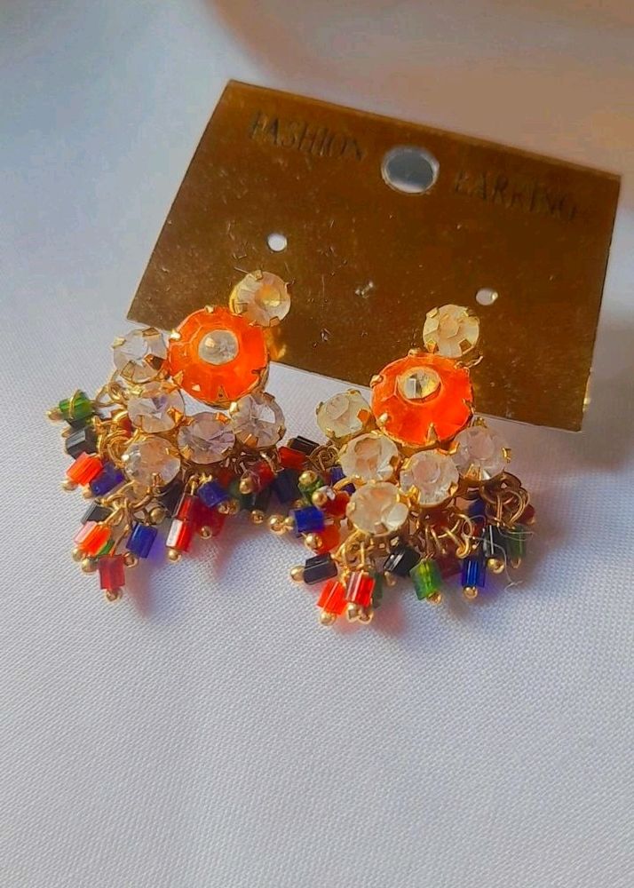 Orange Artificial Diamond Earings For Functions