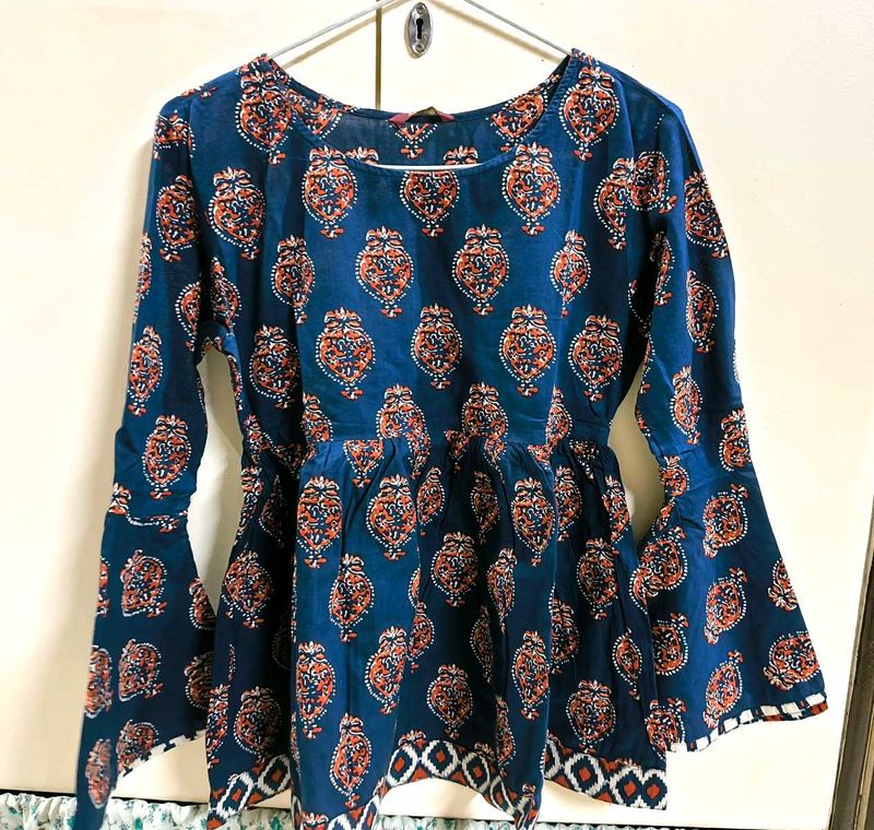 New Dark Blue Printed Peplum Cotton Top