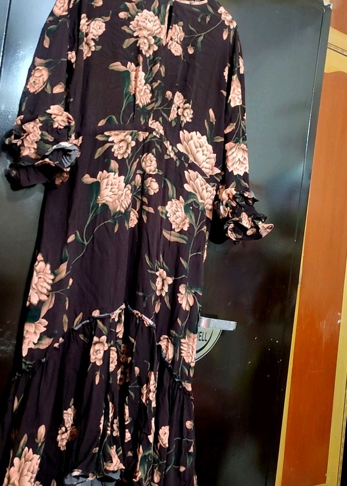 Coffee Brown Floral Printed Dress For 42 Bust