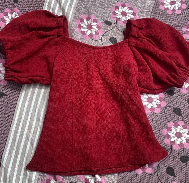 Red Puff Sleeves Top For Women