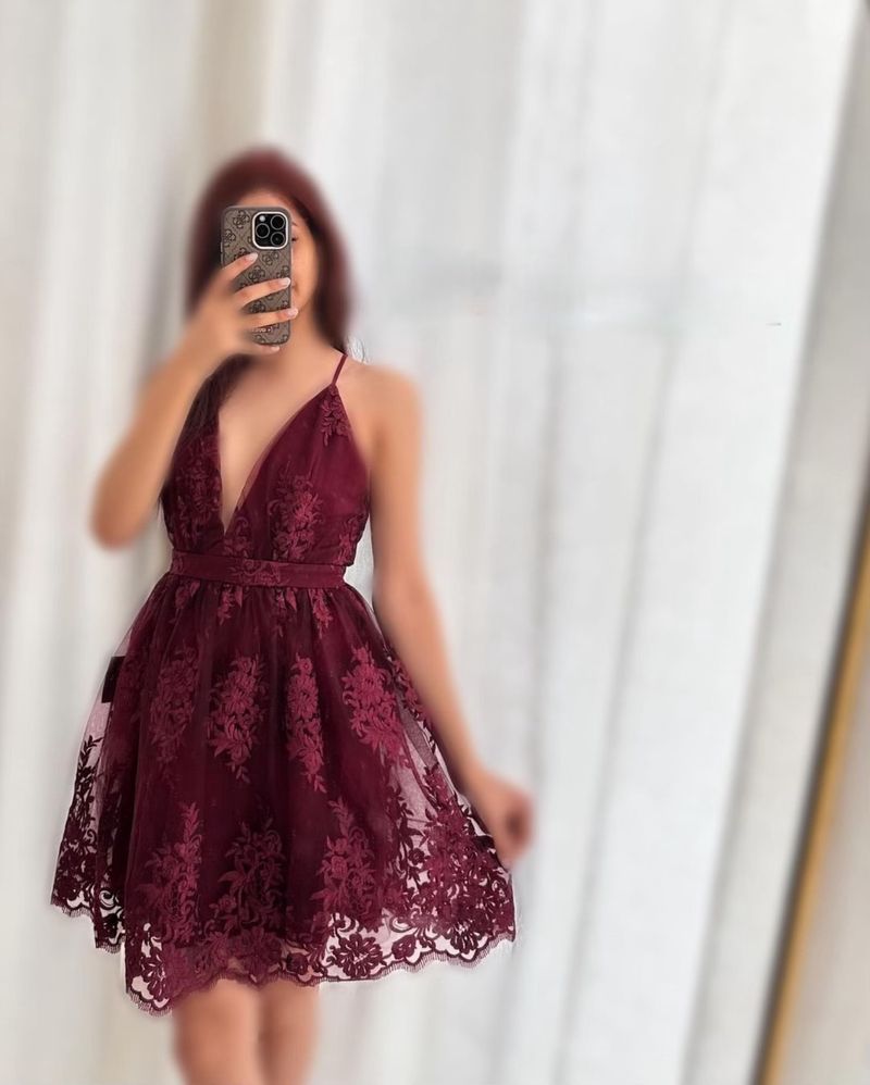 V neck tulle lace short wine colored prom dresses,