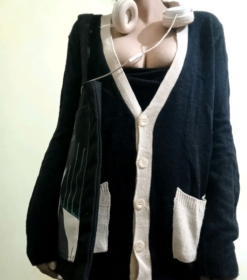 Oversized Black And Beige Cardigan