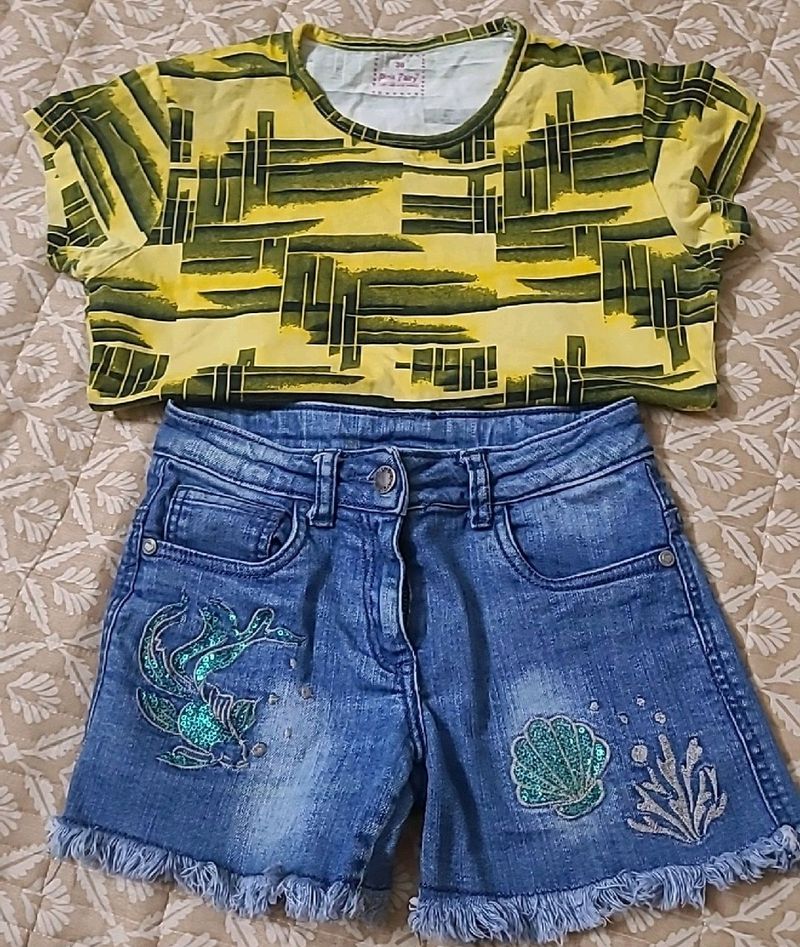 Combo of embroidered denim shorts & top