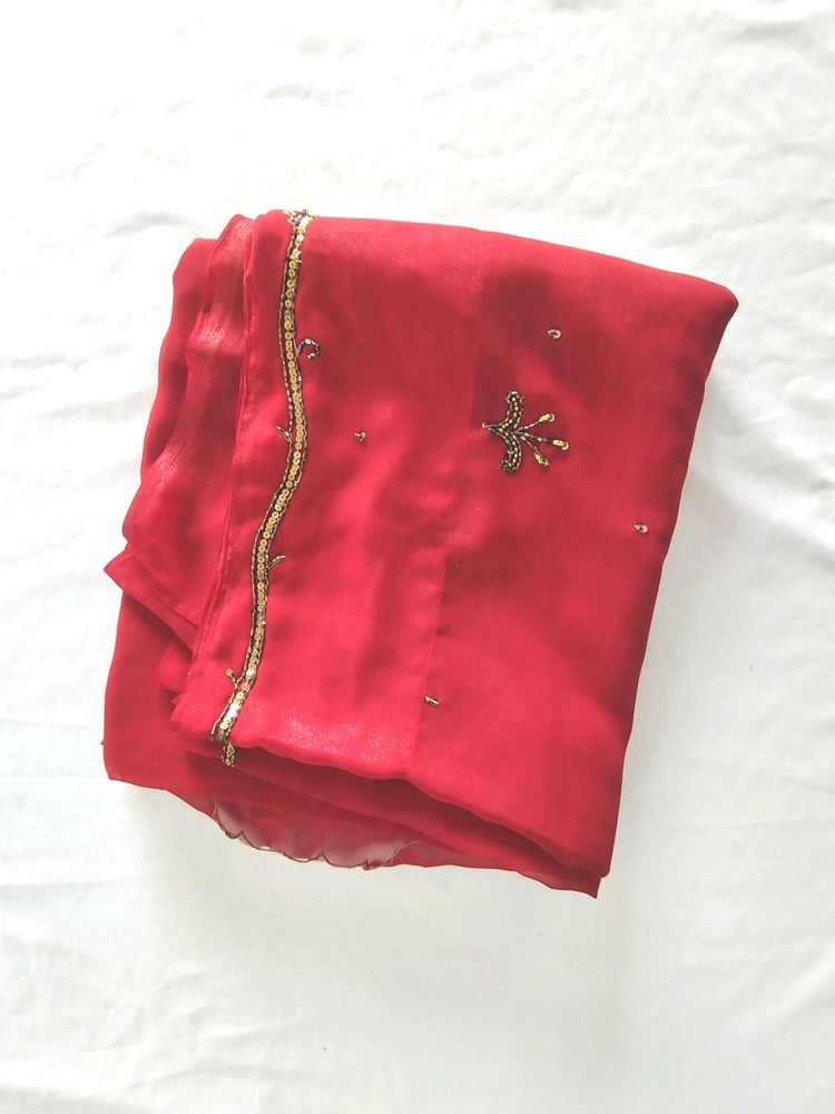 Red Bead Embroidered Saree (Women's)