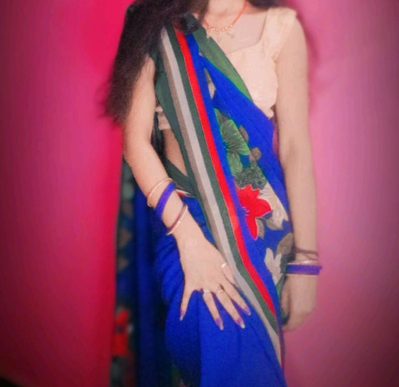 Blue Saree No Blouse