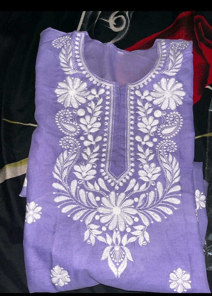 Lavendar Colour Chickenkari Work Cotton Kurti new