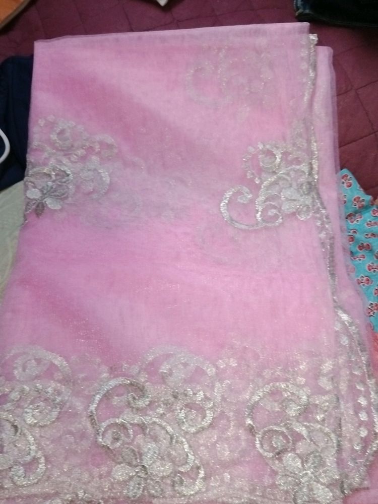 Baby Pink Silver Work Net Saree Light Weight