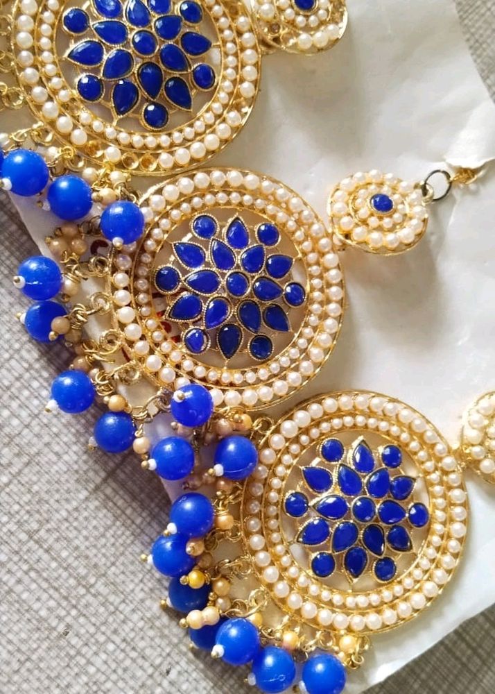 Navy Blue Women Earring And Maang Tikka Set