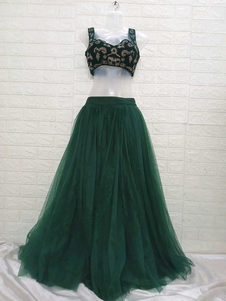 Green Velvet Zariwork Blouse with Net Lehengacholi