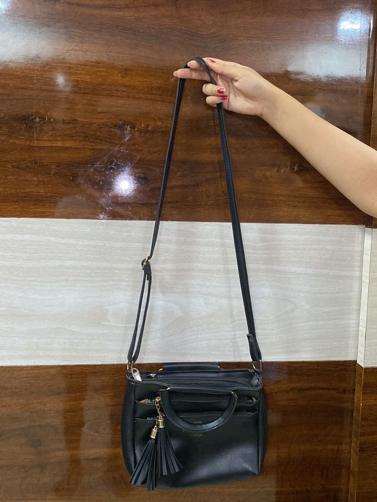 Black Leathered Mix Slingbag Women