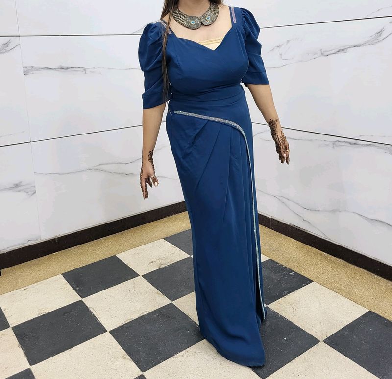 Elegant Peacock Blue Two Piece Dress