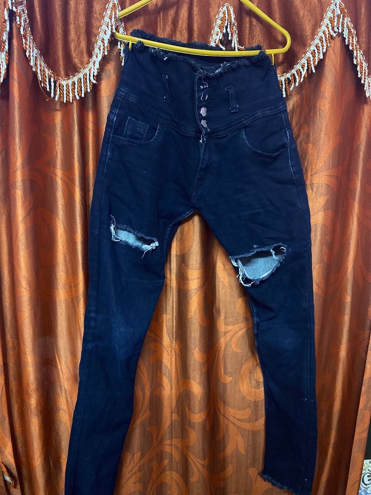 Black Colour High Waist Four Button Jeans