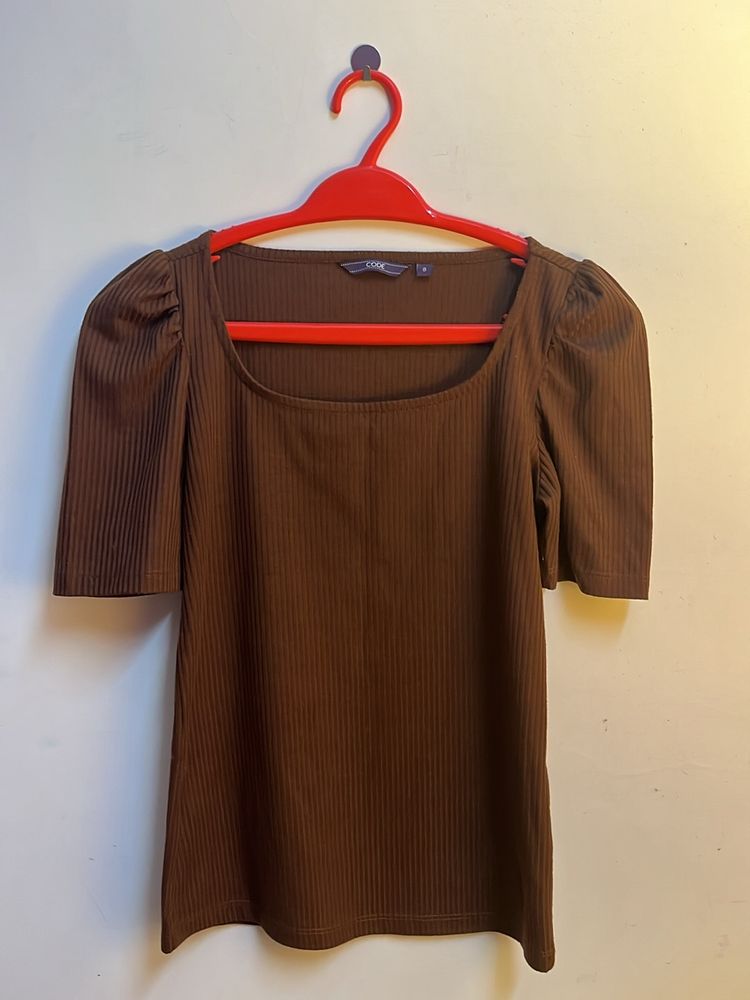 Brown Square Neck ribbed Top With Puffed Sleeves