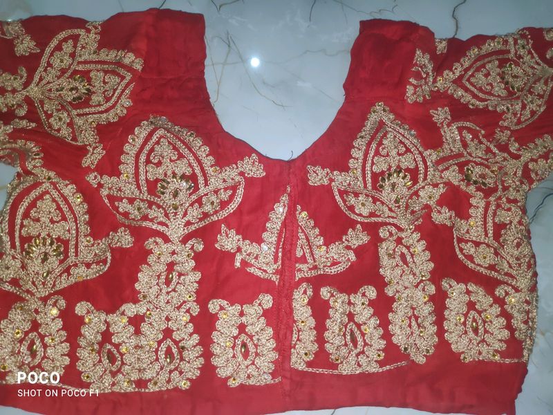 red blouse with golden stone work.