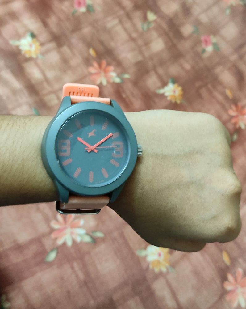 Fastrack Watch (Orange Strap With Ash Dial)