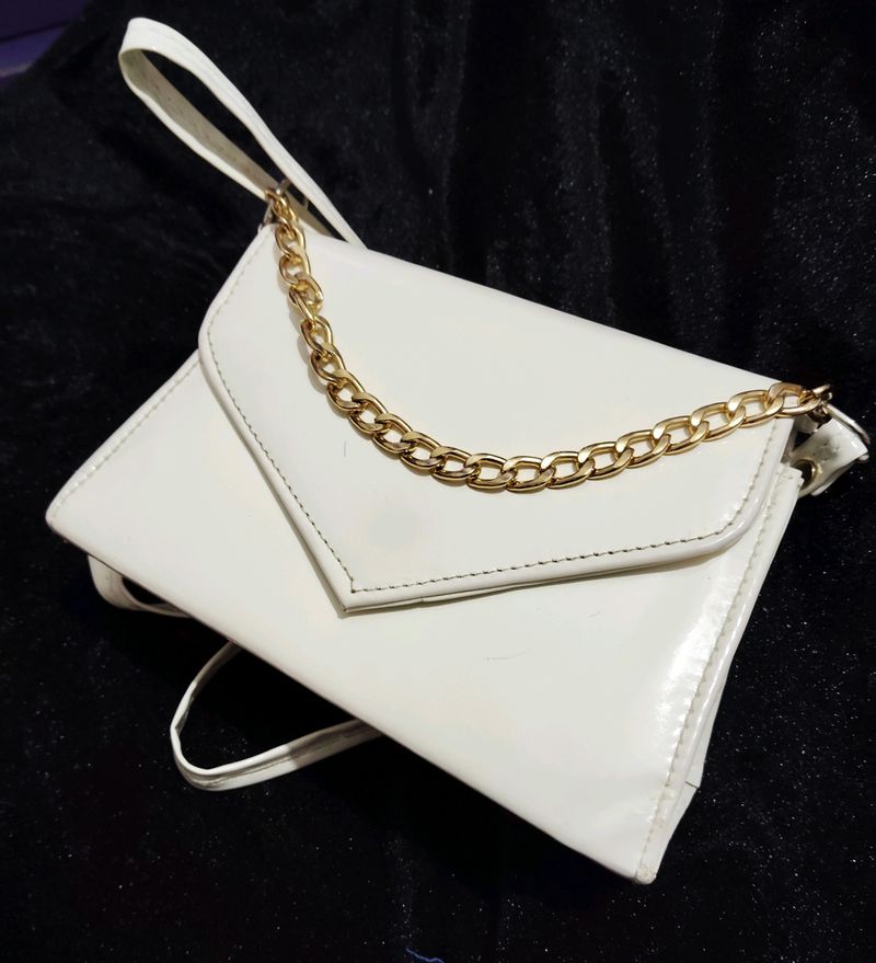 White Slingbag With Golden Chain And Superb Look