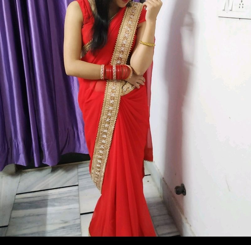 Beautiful Red Saree,without Blouse