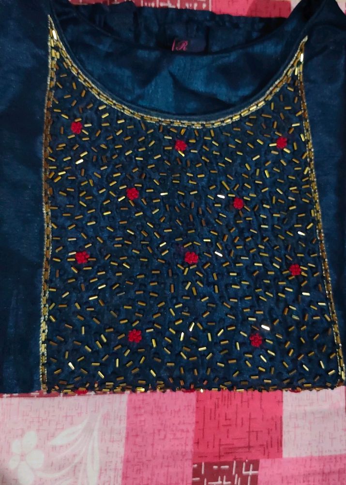 Blue Kurta With Mirror And Thread Work