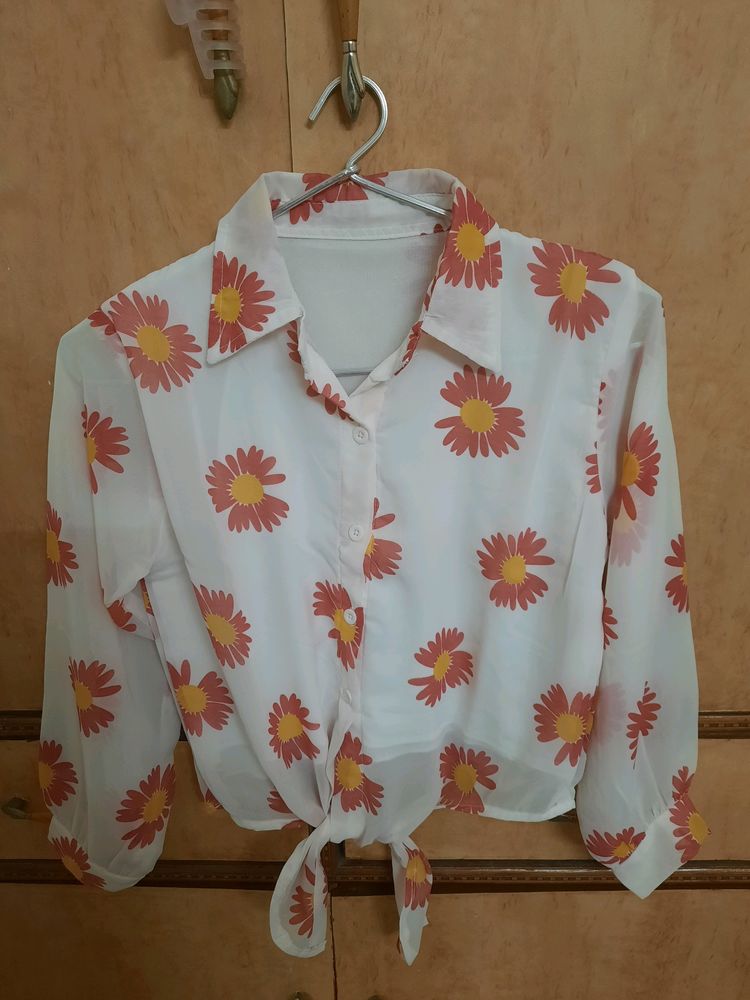 Floral White Shirt With Knot Style