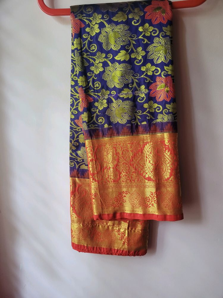 Blue Pattu Saree With Red Border