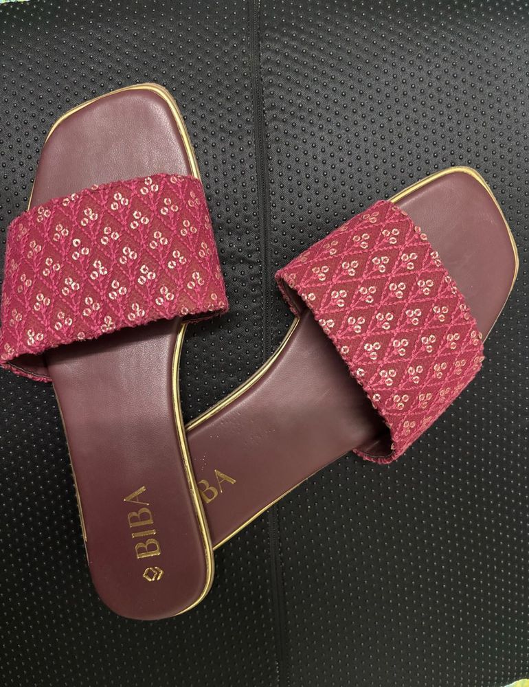 Biba (New) Maroon Embellished Open Toe Flats