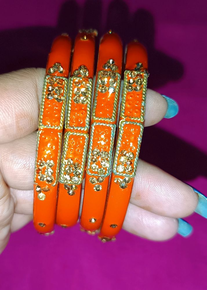 Beautiful Set Of 4 Orange Color Stone Work Kangan