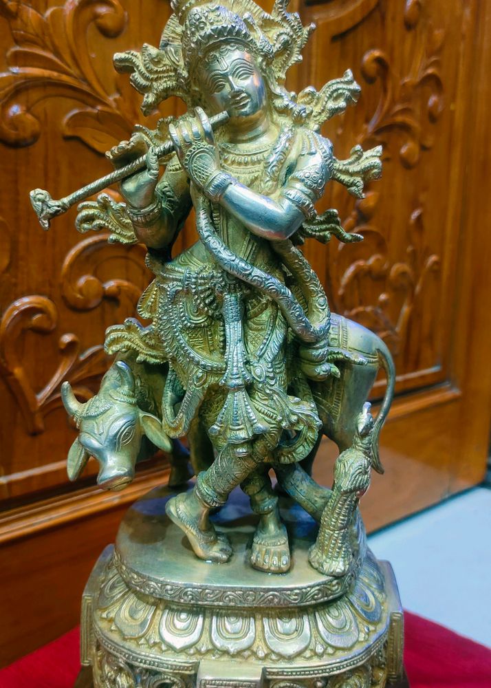 Brass Shree Krishna Idol With Cow