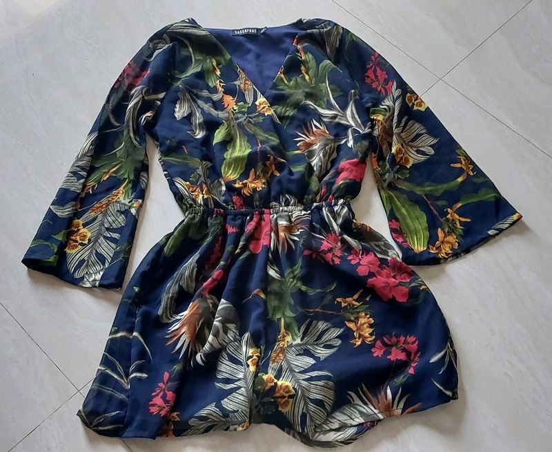 Navy Blue & Green Floral Print Playsuit