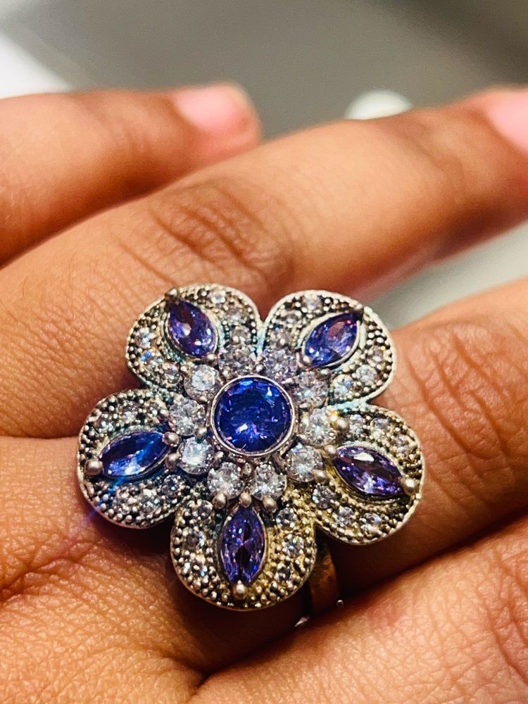 Purple, white stoned, flower design, silver ring